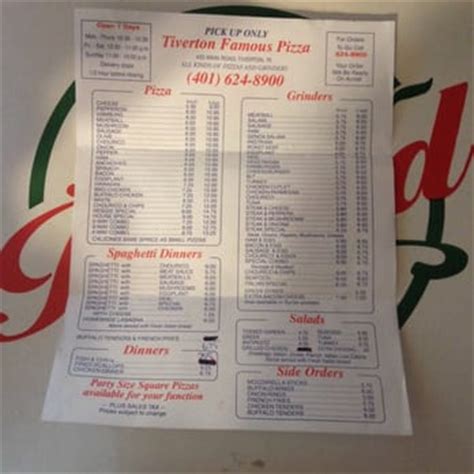 famous pizza menu tiverton ri  Family Pizza restaurant that serves fresh fish and chips daily